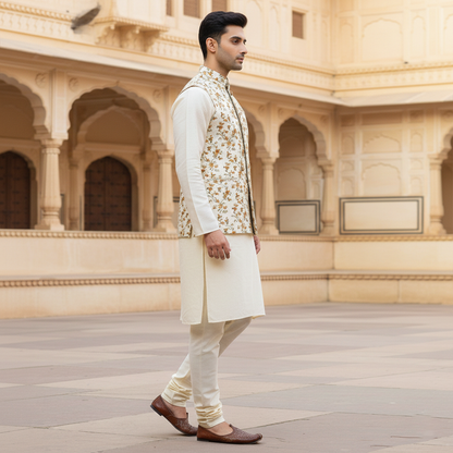 Men’s Ivory Floral Nehru Jacket with Kurta Pajama – Elegant  Festive Wear