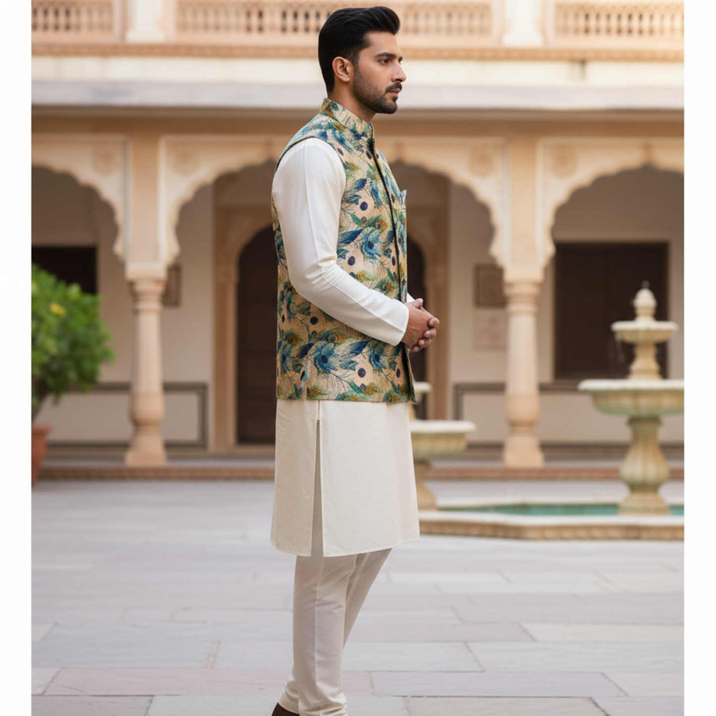 Men’s Teal Botanical Print Nehru Jacket with Ivory Kurta  Pajama – Contemporary Festive Ensemble