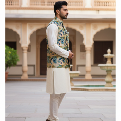 Men’s Teal Botanical Print Nehru Jacket with Ivory Kurta  Pajama – Contemporary Festive Ensemble