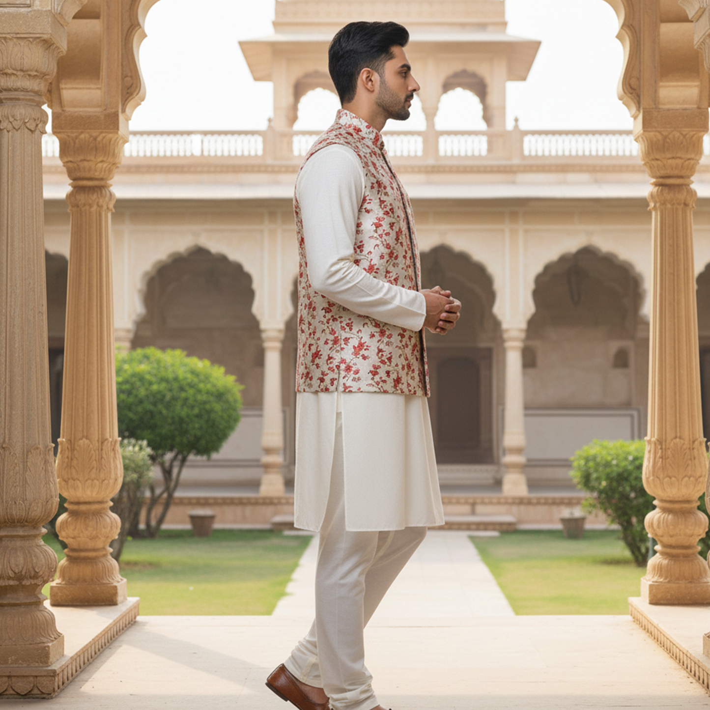 Men’s Ivory Floral Print Nehru Jacket with Kurta Pajama –  Elegant Festive Wear