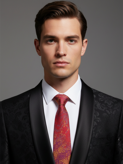 Red Art Silk Tie with Blue & Golden Patch Work
