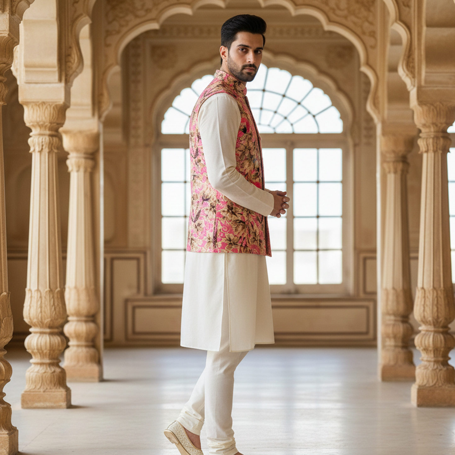 Men’s Pink Floral Print Nehru Jacket with Ivory Kurta Pajama –  Festive Ethnic Ensemble