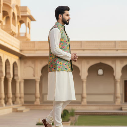 Men’s Pastel Green Floral Nehru Jacket with Ivory Kurta Pajama –  Festive Ethnic Wear