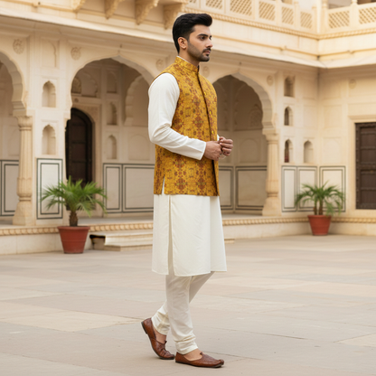 Men’s Mustard Textured Nehru Jacket with Ivory Kurta Pajama – Festive & Weddin