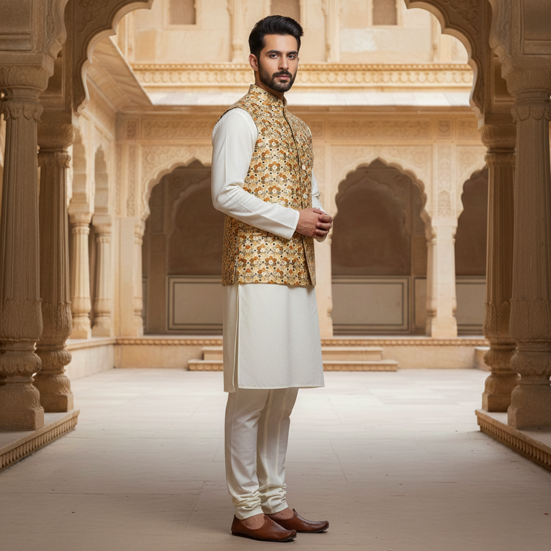 Men’s Floral Print Nehru Jacket with Ivory Kurta Pajama –  Elegant Festive Ensemble