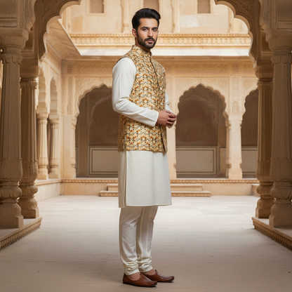 Men’s Floral Print Nehru Jacket with Ivory Kurta Pajama –  Elegant Festive Ensemble