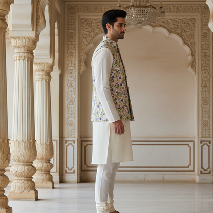 Men’s Pastel Floral Nehru Jacket with Ivory Kurta Pajama – Elegant Festive Wear Se