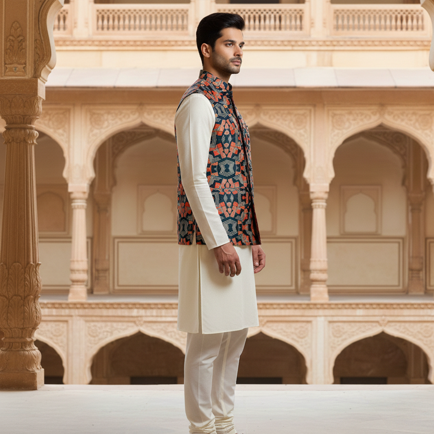 Men’s Navy Blue Geometric Printed Nehru Jacket with Ivory  Kurta Pajama – Contemporary Ethnic Wear