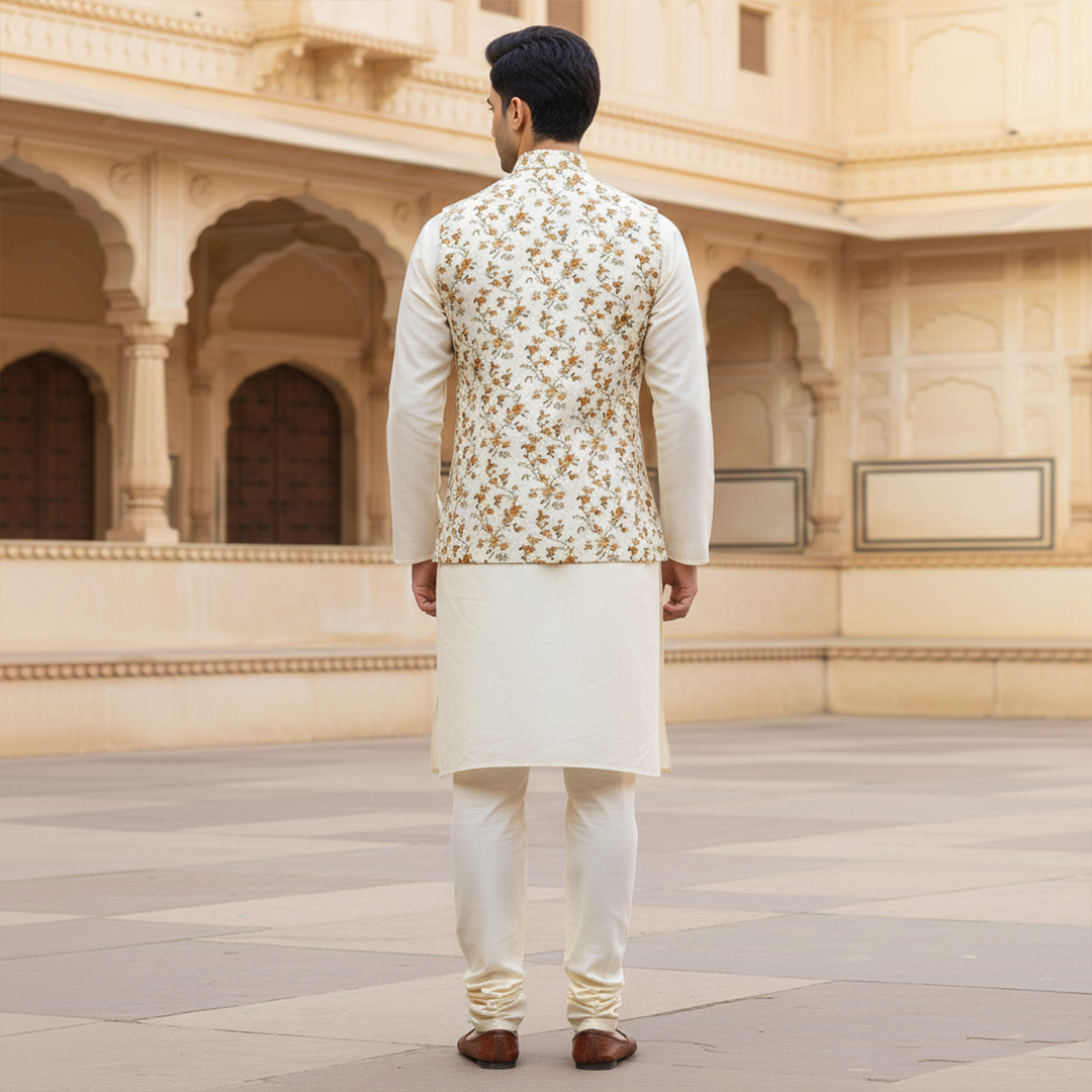 Men’s Ivory Floral Nehru Jacket with Kurta Pajama – Elegant  Festive Wear