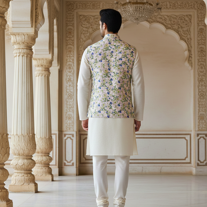 Men’s Pastel Floral Nehru Jacket with Ivory Kurta Pajama – Elegant Festive Wear Se