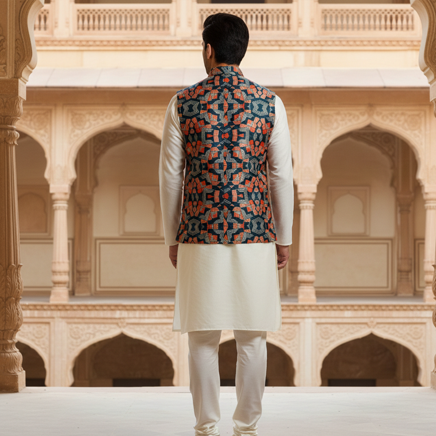 Men’s Navy Blue Geometric Printed Nehru Jacket with Ivory  Kurta Pajama – Contemporary Ethnic Wear