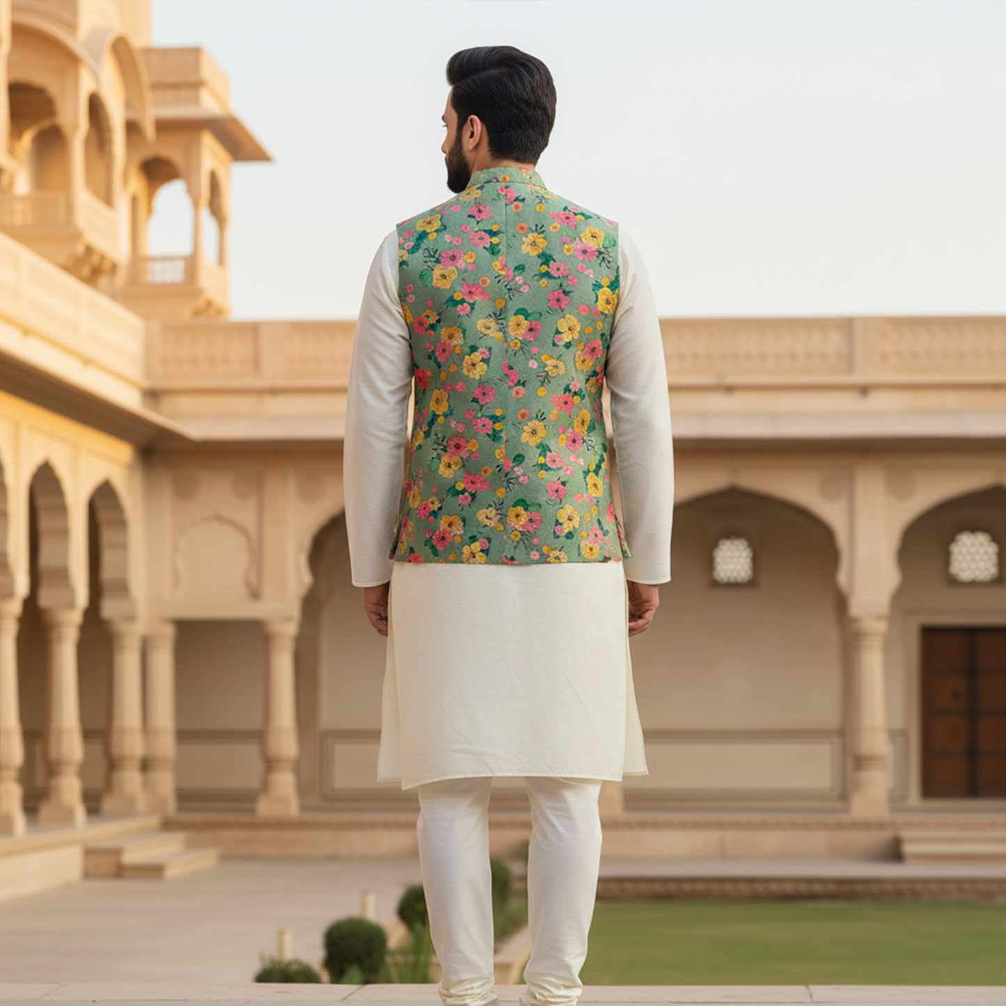 Men’s Pastel Green Floral Nehru Jacket with Ivory Kurta Pajama –  Festive Ethnic Wear