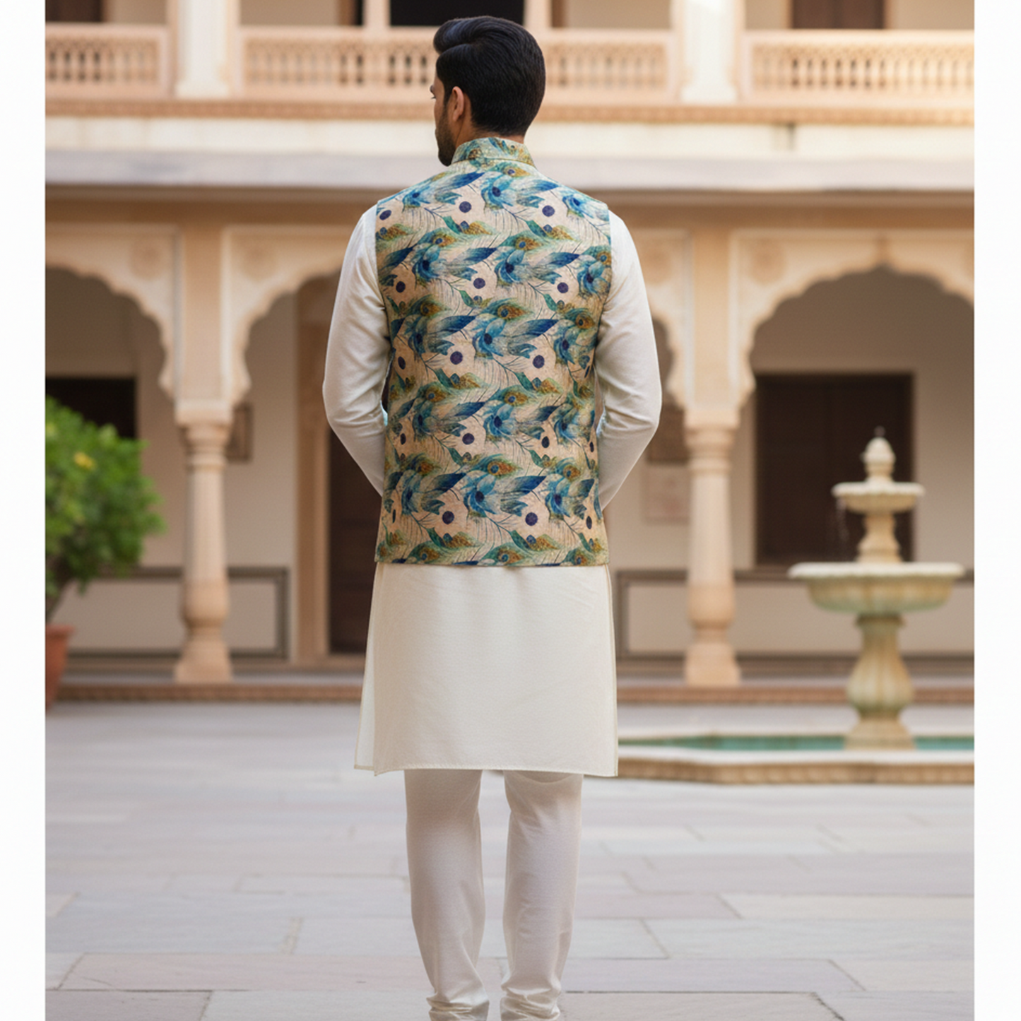 Men’s Teal Botanical Print Nehru Jacket with Ivory Kurta  Pajama – Contemporary Festive Ensemble
