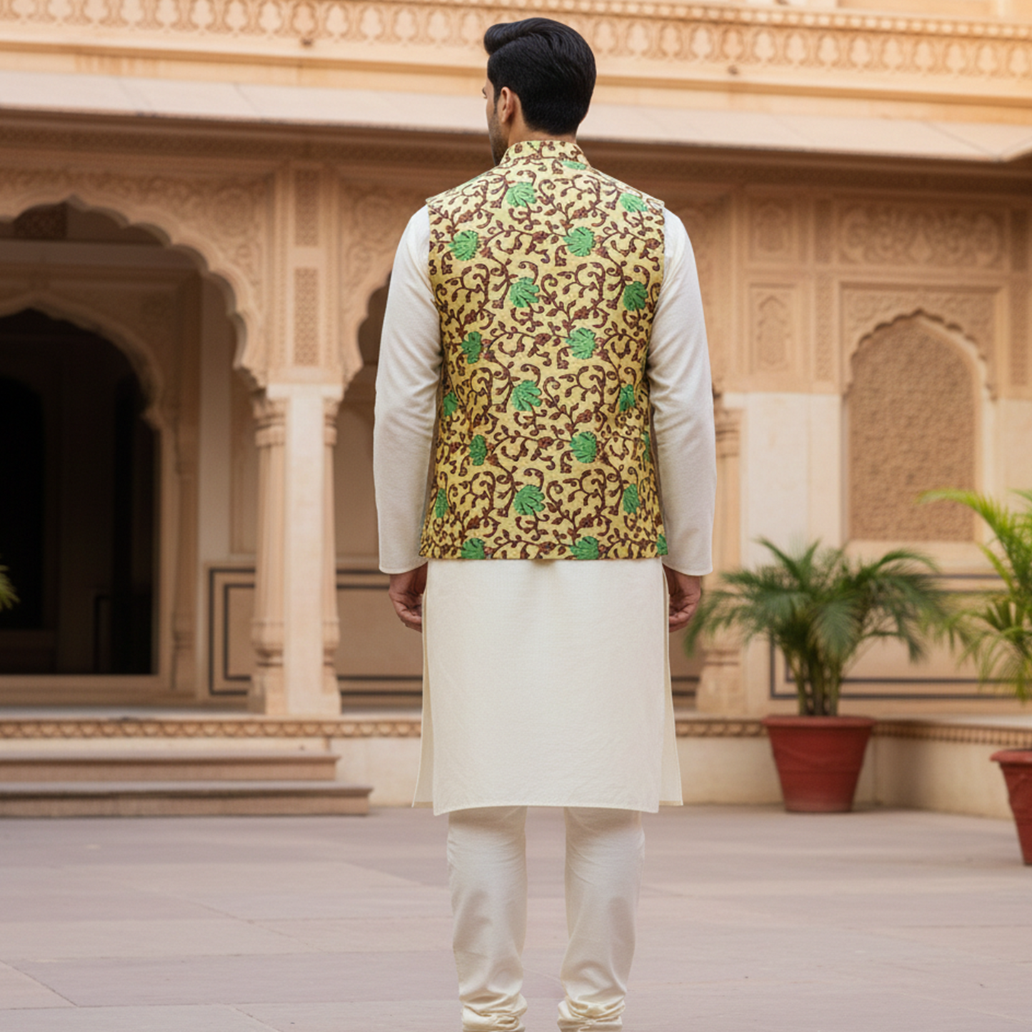 Men’s Mustard & Green Floral Nehru Jacket with Ivory Kurta  Pajama – Festive Ethnic Ensemble