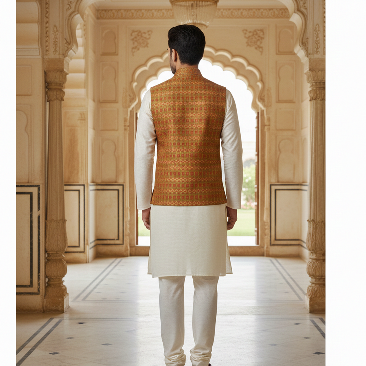 Men’s Rust & Gold Patterned Nehru Jacket with Ivory Kurta  Pajama – Classic Festive Wear