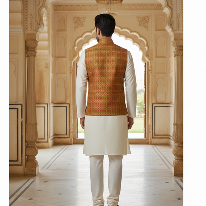 Men’s Rust & Gold Patterned Nehru Jacket with Ivory Kurta  Pajama – Classic Festive Wear