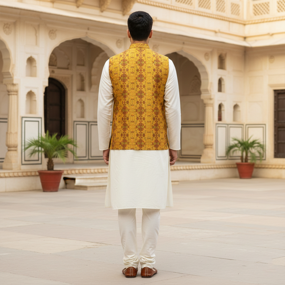 Men’s Mustard Textured Nehru Jacket with Ivory Kurta Pajama – Festive & Weddin