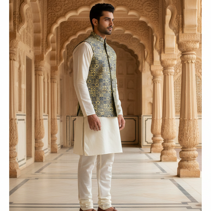 Men’s Olive Green & Gold Jacquard Nehru Jacket with Ivory Kurta  Pajama – Regal Festive Wear