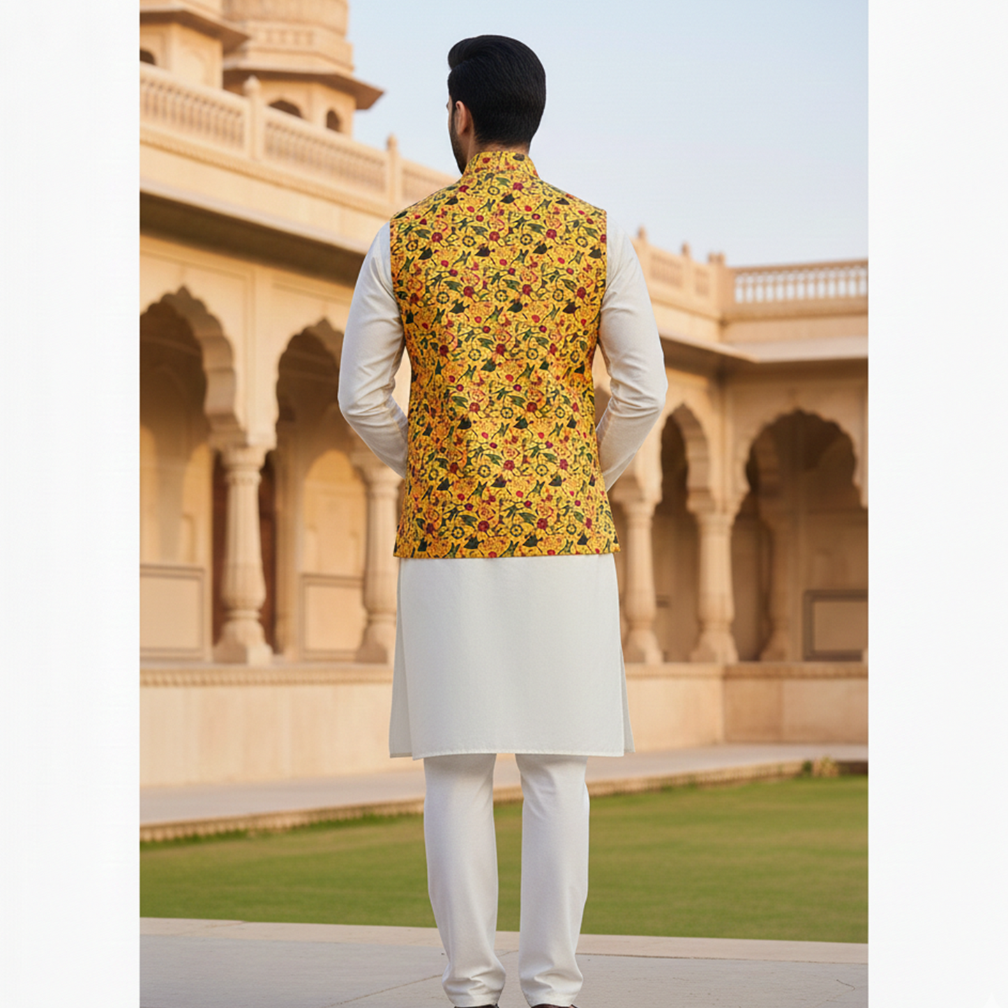 Men’s Mustard Yellow Printed Nehru Jacket with Ivory Kurta Pajama – Festive Ethnic Wear
