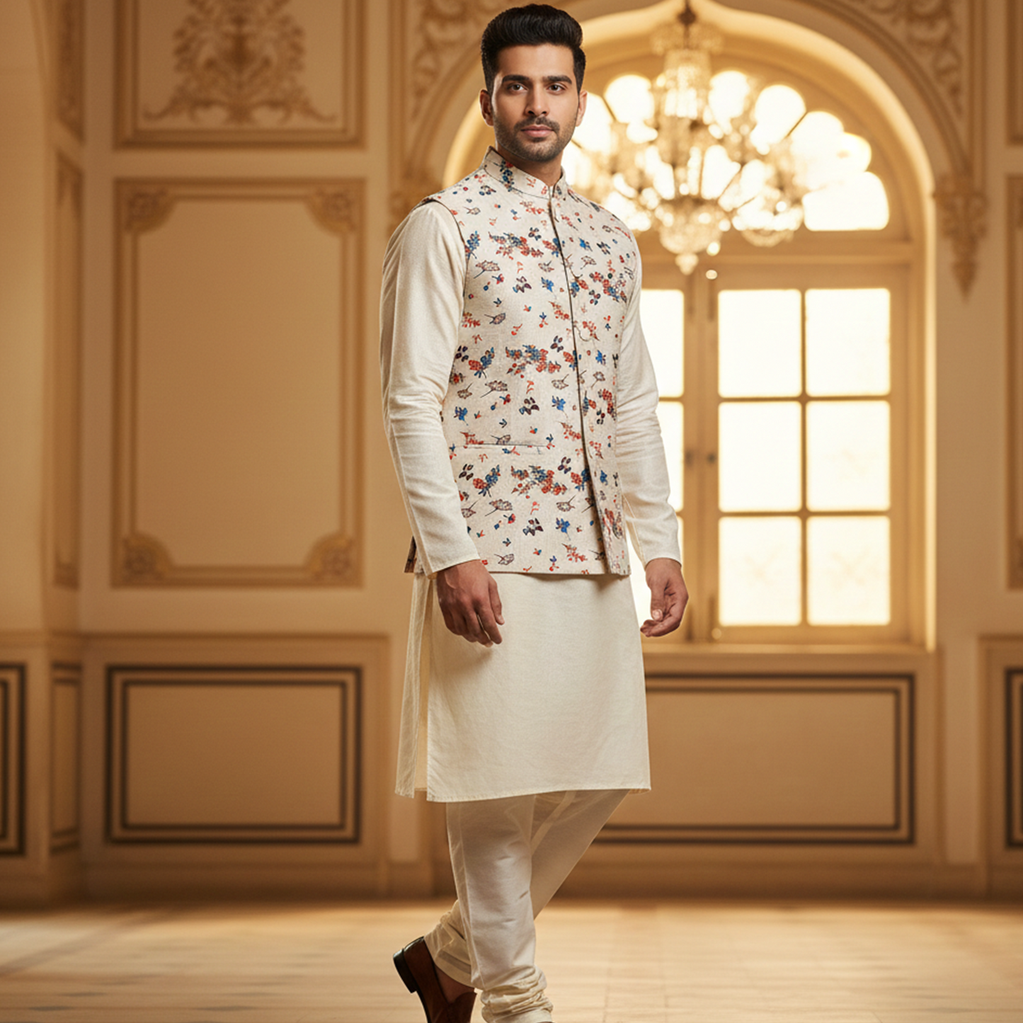 Men’s Ivory Floral Print Nehru Jacket with Classic Kurta  Pajama – Elegant Festive Wear