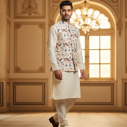 Men’s Ivory Floral Print Nehru Jacket with Classic Kurta  Pajama – Elegant Festive Wear