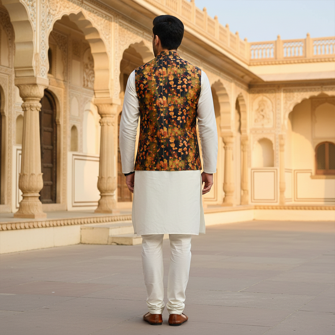 Men’s Dark Floral Nehru Jacket with Ivory Kurta Pajama –  Contemporary Festive Wear
