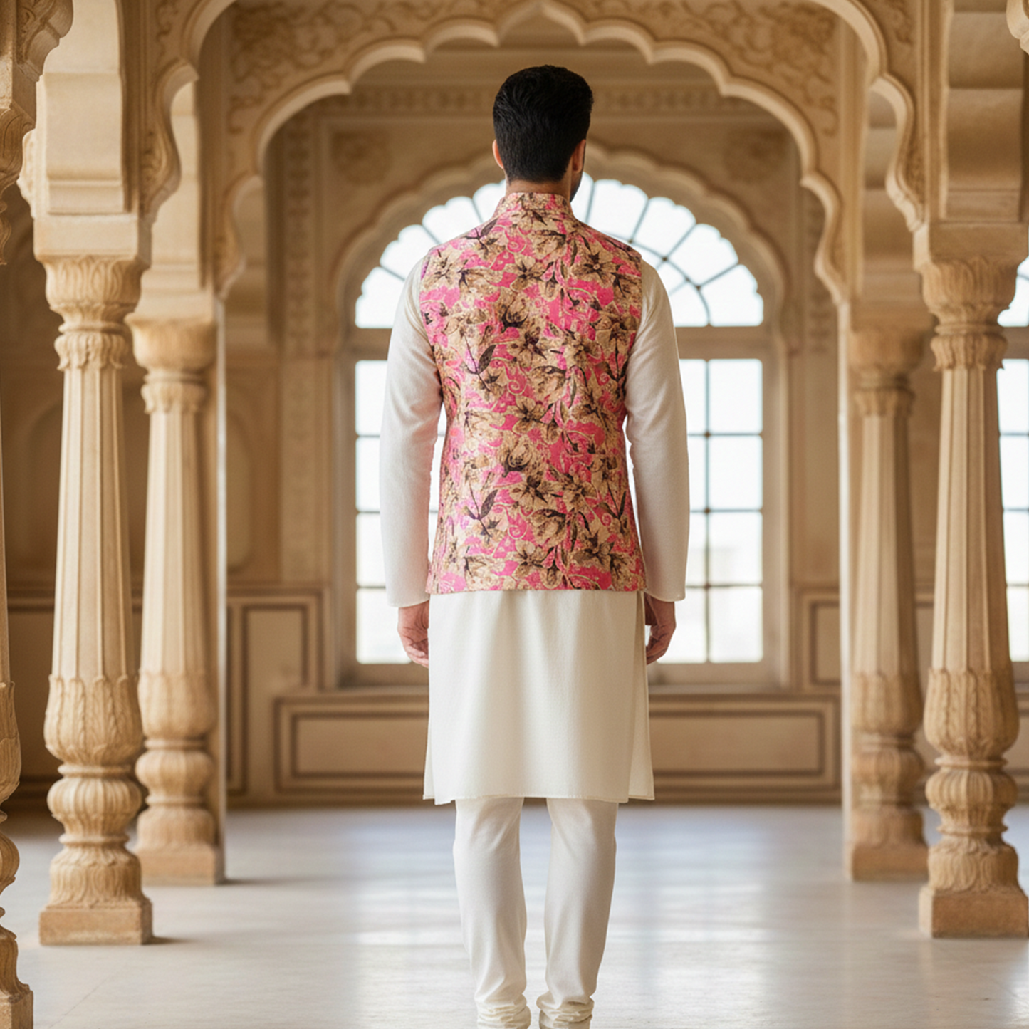 Men’s Pink Floral Print Nehru Jacket with Ivory Kurta Pajama –  Festive Ethnic Ensemble