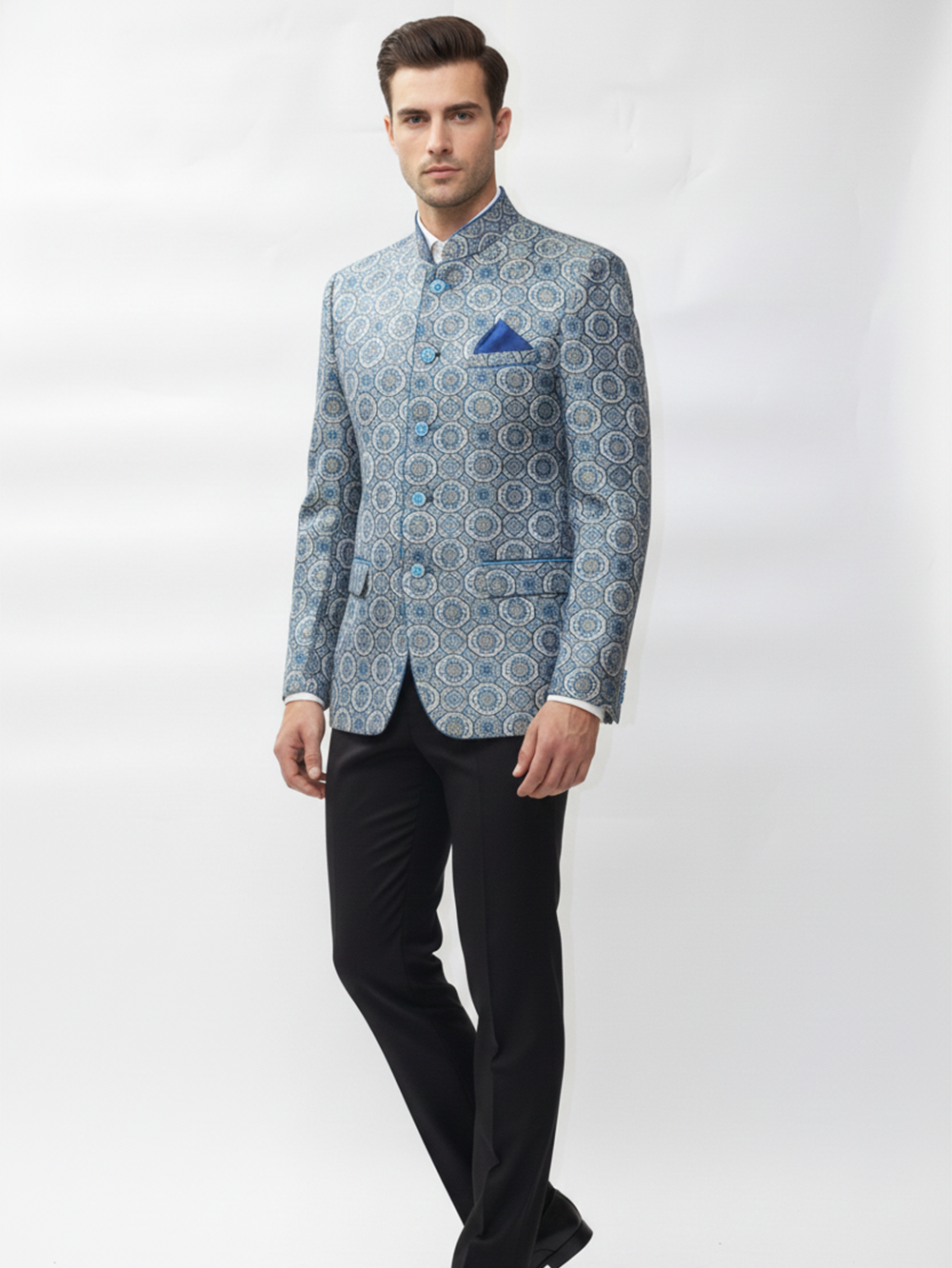 Mens Grey Printed Jacquard Blazer , Elegant Design, Premium Fabric, Modern Tailoring for Formal, Office and Evening Wear