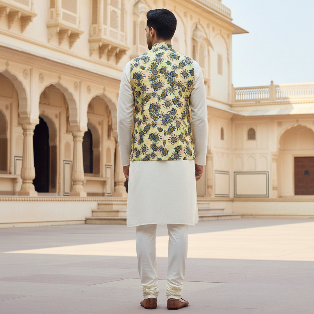 Men’s Yellow Floral Nehru Jacket with Ivory Kurta Pajama –  Elegant Festive Ethnic Wear