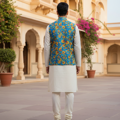Men’s Royal Blue Floral Nehru Jacket with Ivory Kurta  Pajama – Festive Ethnic Wear