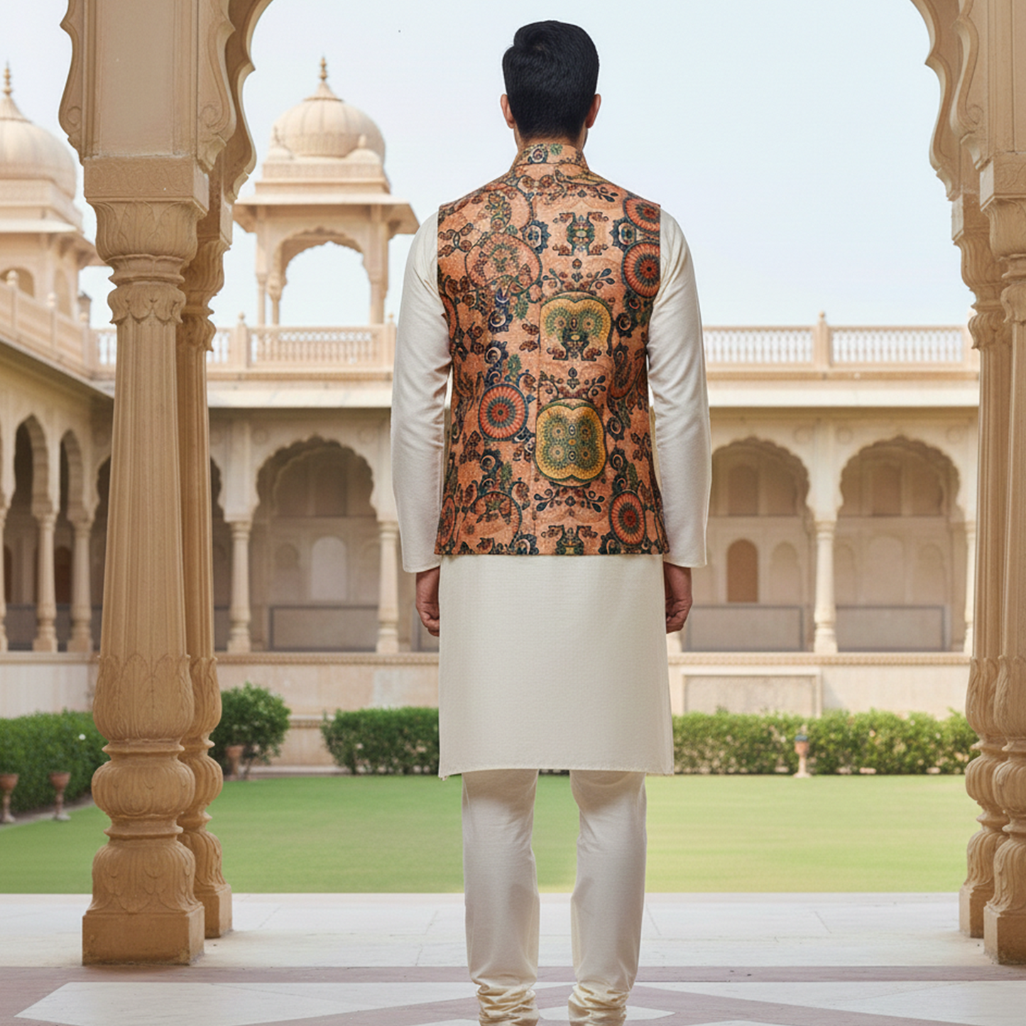 Men’s Rust Orange Printed Nehru Jacket with Ivory Kurta Pajama – Festive Ethnic Ensemble