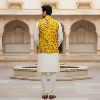 Men’s Yellow Floral Printed Nehru Jacket with Ivory Kurta  Pajama – Festive & Wedding Wear Set