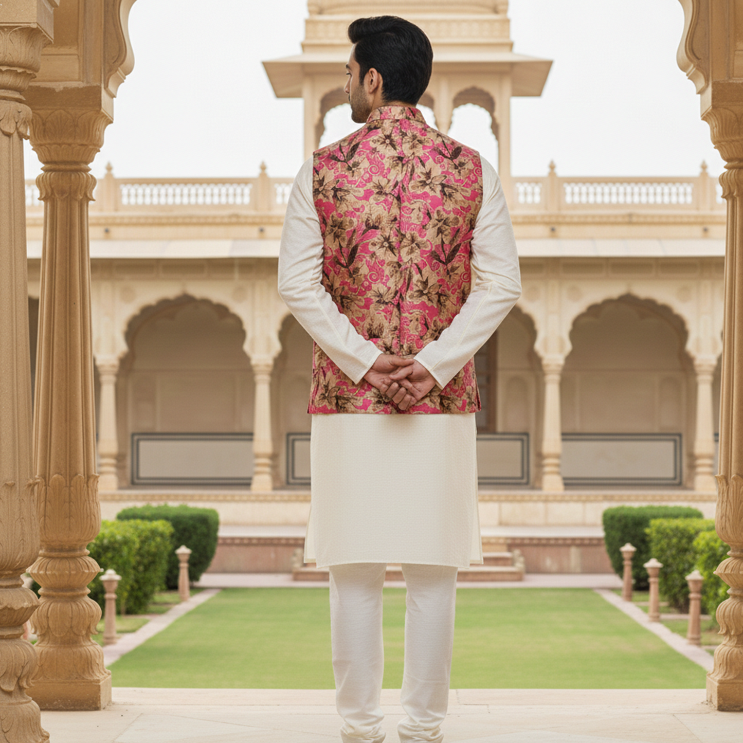 Men’s Pink Floral Nehru Jacket with Ivory Kurta Pajama –  Luxury Festive Ensemble