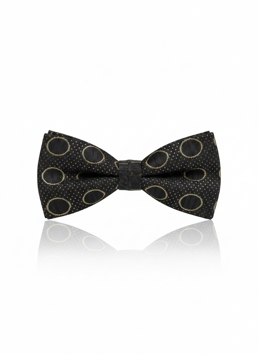 Elegant Black Silk Bow Tie with Golden Circle Outline – Formal Men’s Accessory