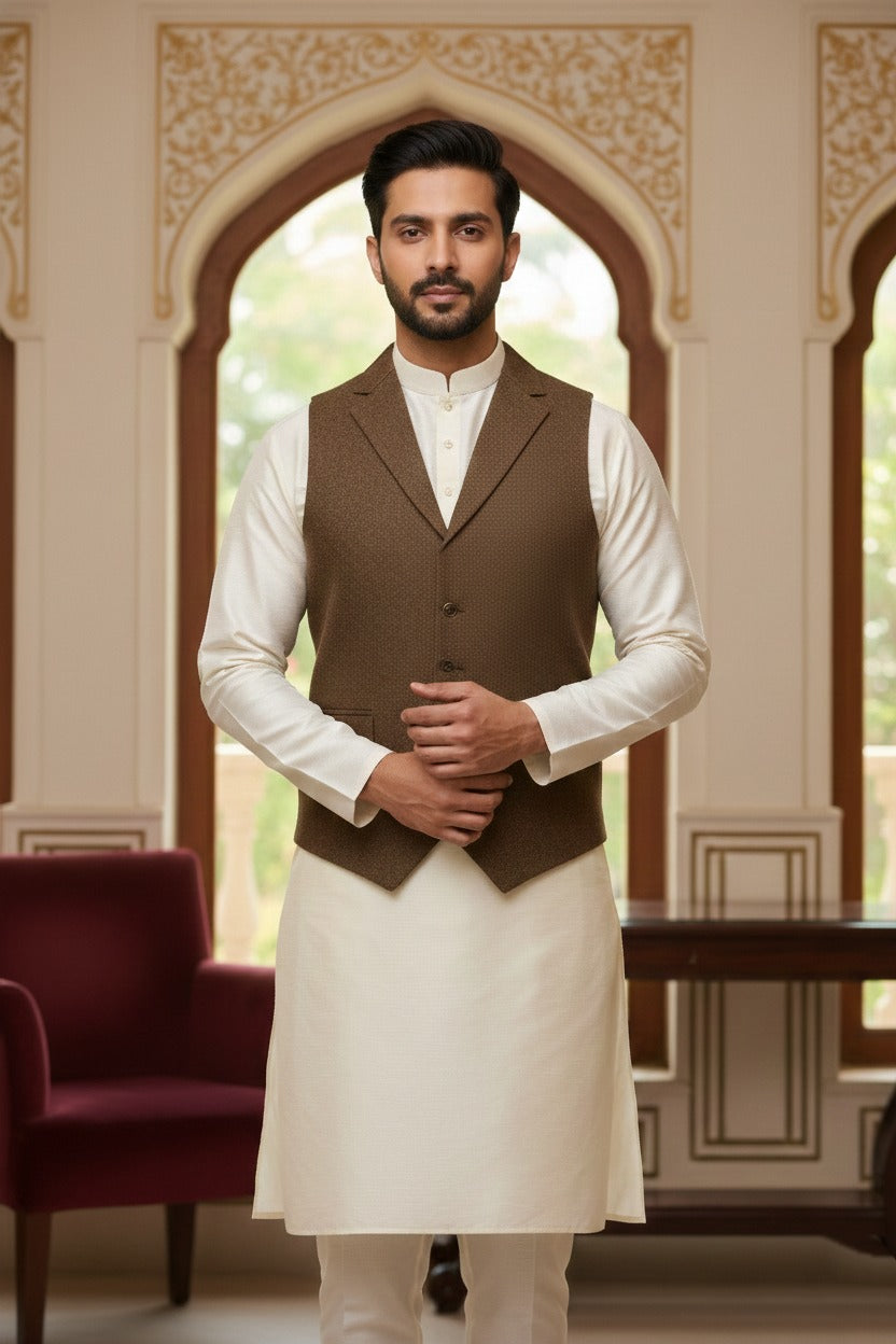 Men’s Brown Nehru Jacket | Classic Ethnic Waistcoat for Weddings, Festive & Party Wear