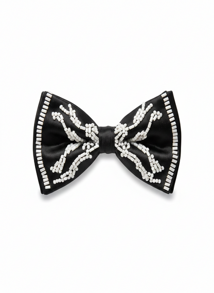 Black Satin Bow Tie with White Beaded Detailing – Premium Formal Wear Accessory