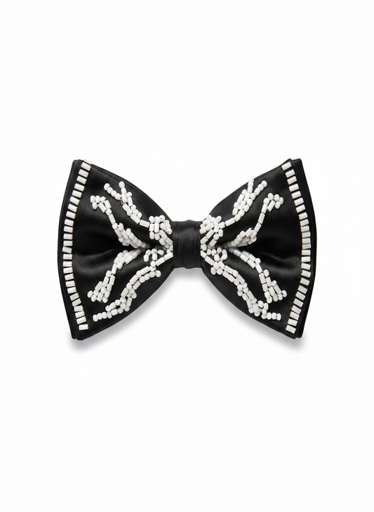 Black Satin Bow Tie with White Beaded Detailing – Premium Formal Wear Accessory
