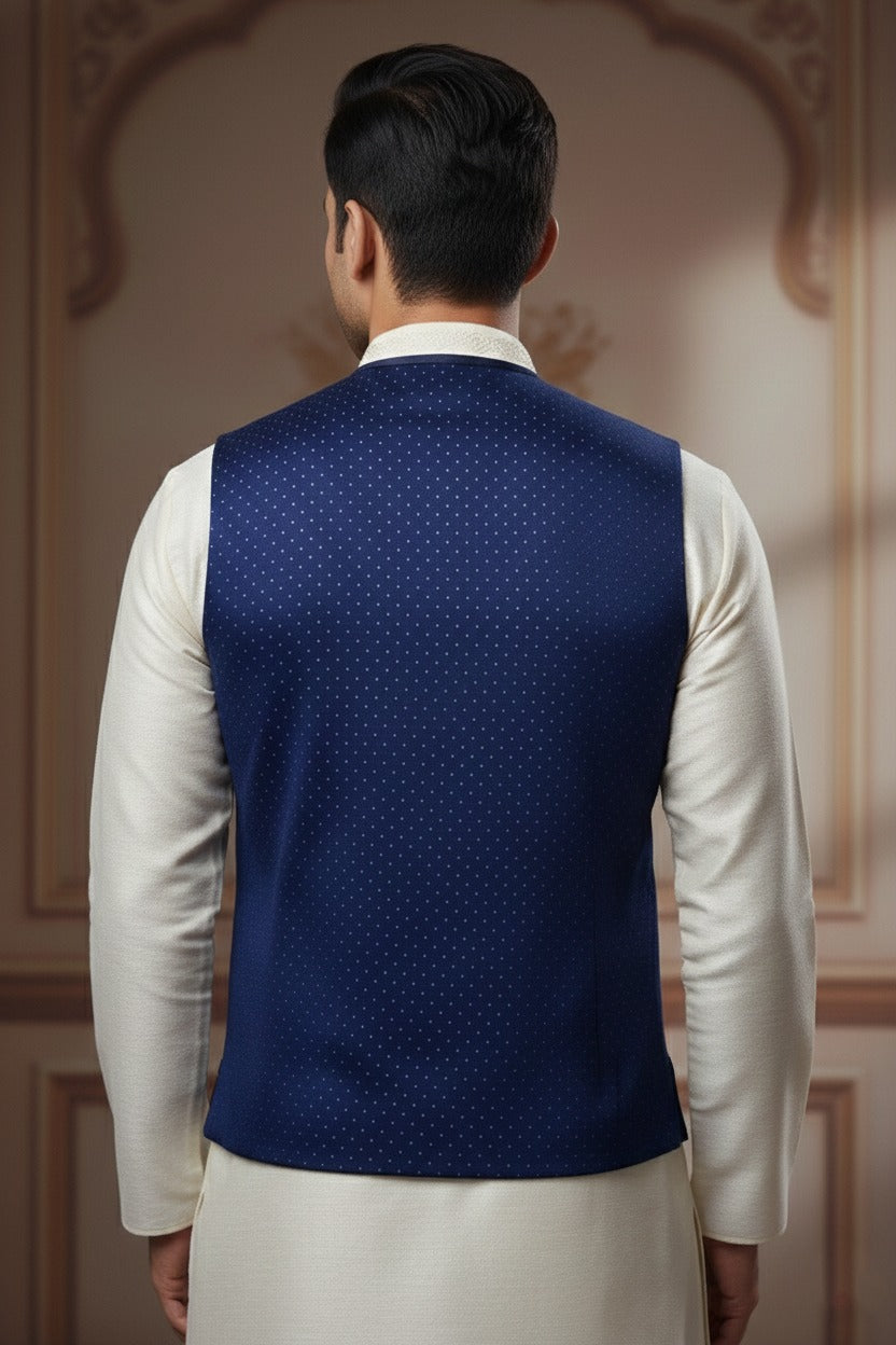 Men’s Dark Blue Nehru Jacket with Tiny White Dots Work | Festive Ethnic Waistcoat