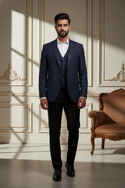 Men'sNavy Blue Micro-Check Tailored Blazer