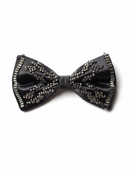 Elegant Black Beaded Satin Bow Tie – Classic Formal Accessory