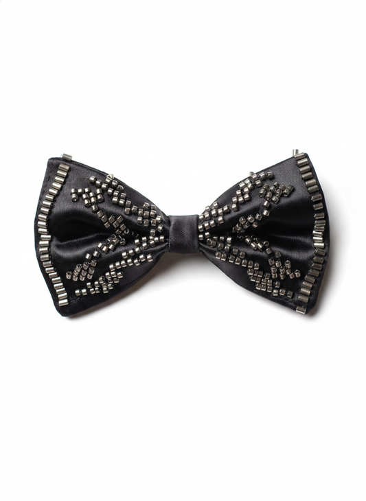 Elegant Black Beaded Satin Bow Tie – Classic Formal Accessory