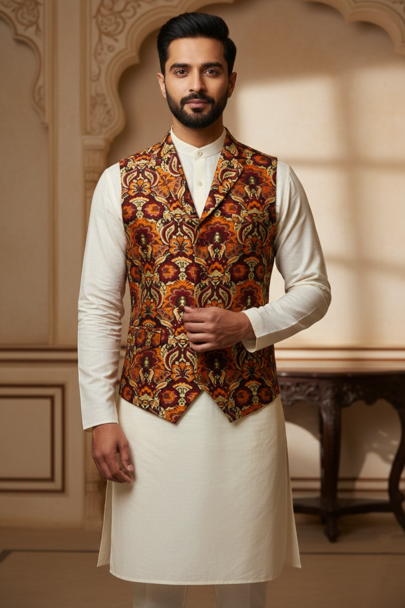 Men's Bohemian Paisley Silk Waistcoat in Earthy Rust and Gold