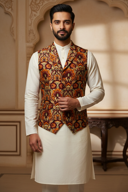 Men's Bohemian Paisley Silk Waistcoat in Earthy Rust and Gold