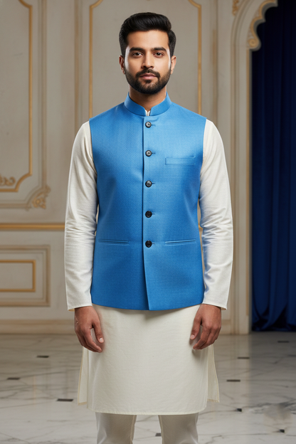 Men's Sky Blue Textured Nehru Jacket – Slim Fit Minimalist Ethnic Modi Waistcoat for Weddings & Festive Events