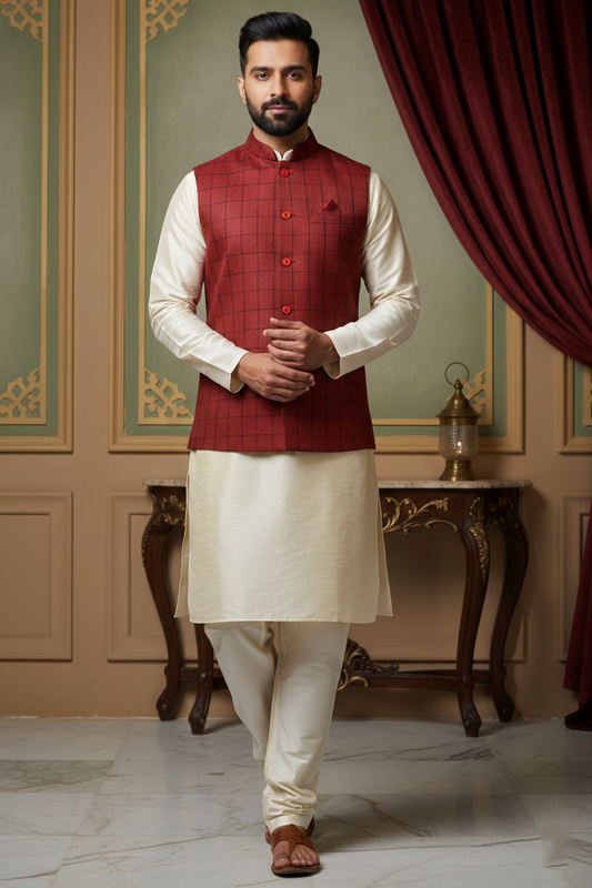 Red Checkered Nehru Jacket with Cream Kurta Set