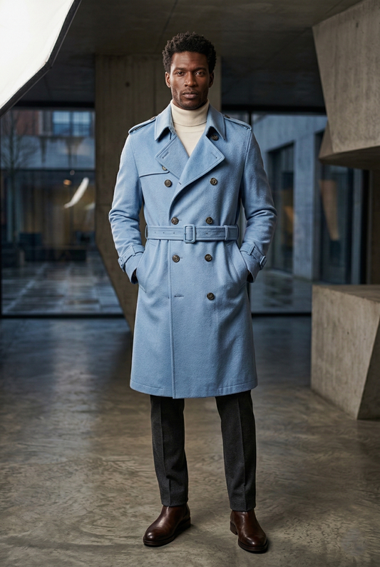 Men'sSky Blue Wool-Blend Belted Modern Trench Coat