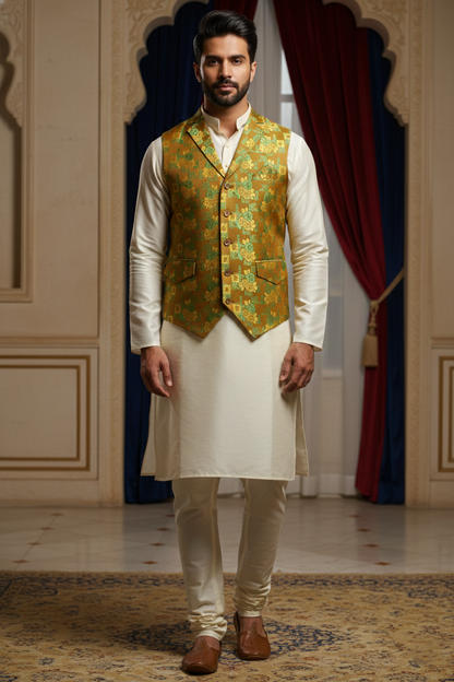 Men’s Brown Floral Designer Waistcoat | Yellow & Green Pattern Slim Fit Vest