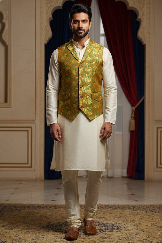 Men’s Brown Floral Designer Waistcoat | Yellow & Green Pattern Slim Fit Vest