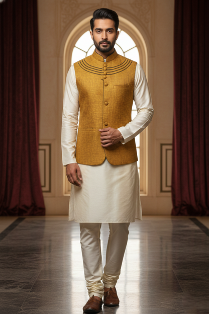 Men’s Yellow Nehru Jacket | Classic Ethnic Modi Jacket with Button Closure | Sleeveless Waistcoat for Festive & Wedding Wear