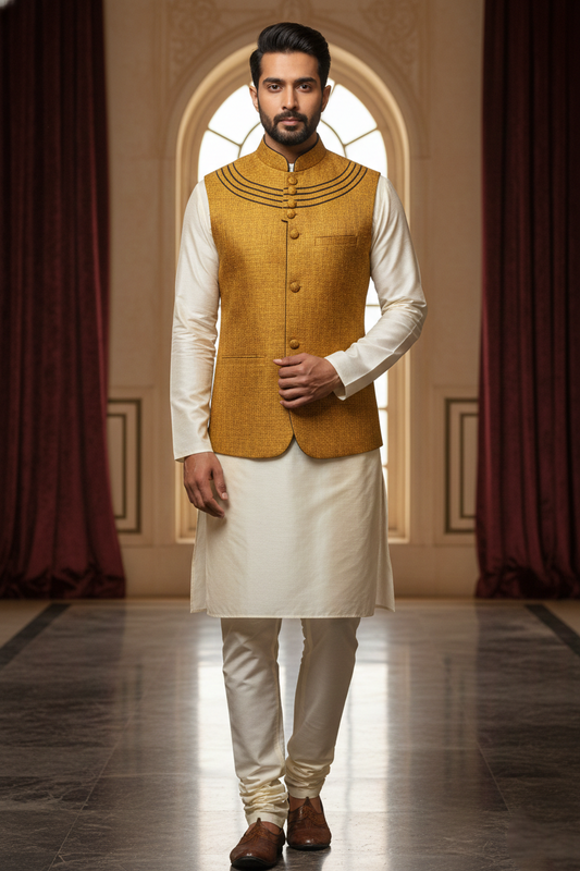 Men’s Yellow Nehru Jacket | Classic Ethnic Modi Jacket with Button Closure | Sleeveless Waistcoat for Festive & Wedding Wear